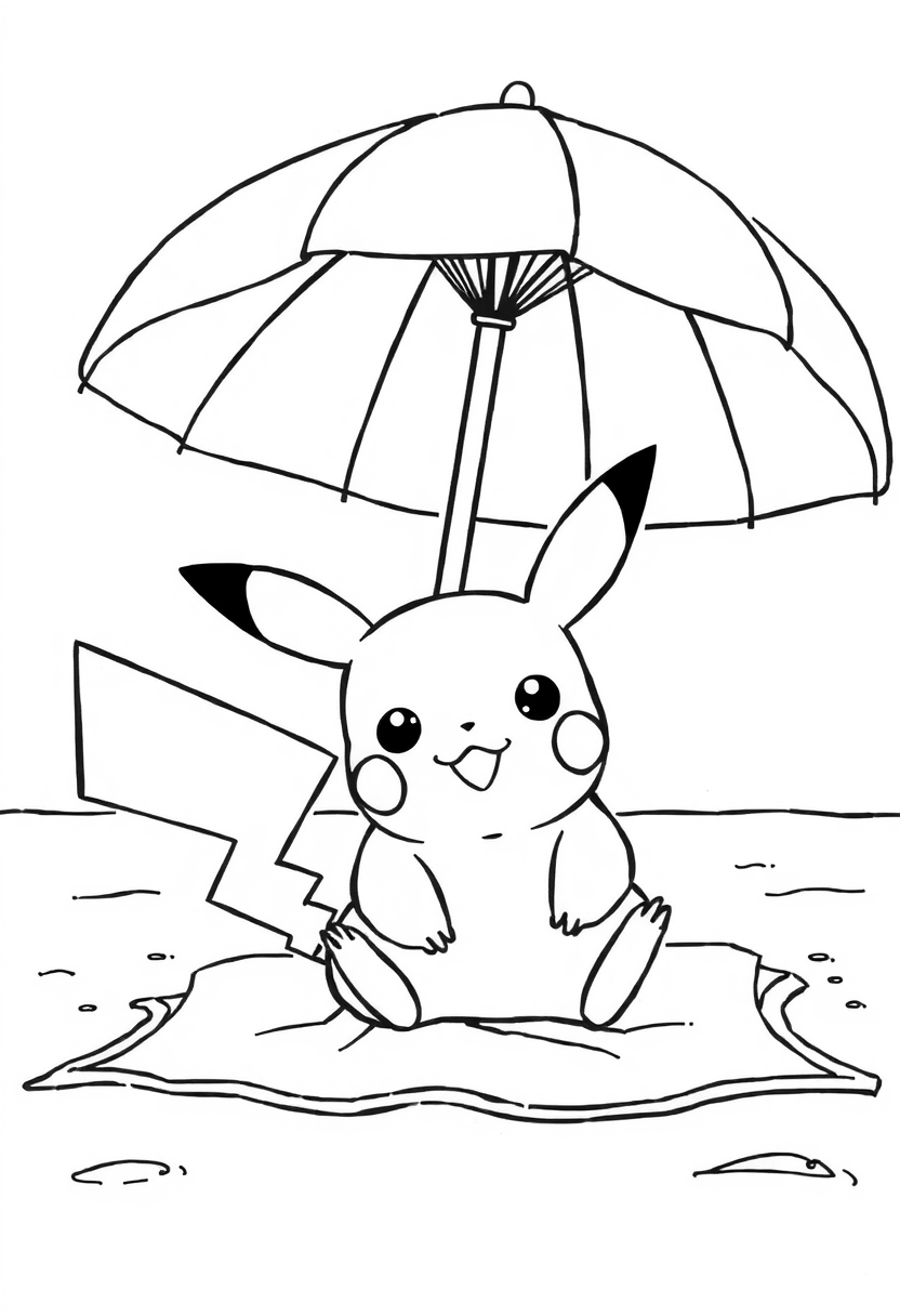 Pikachu lying under a parasol on the beach