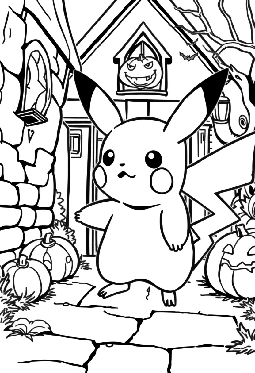 Pikachu passed by Halloween Manor coloring page