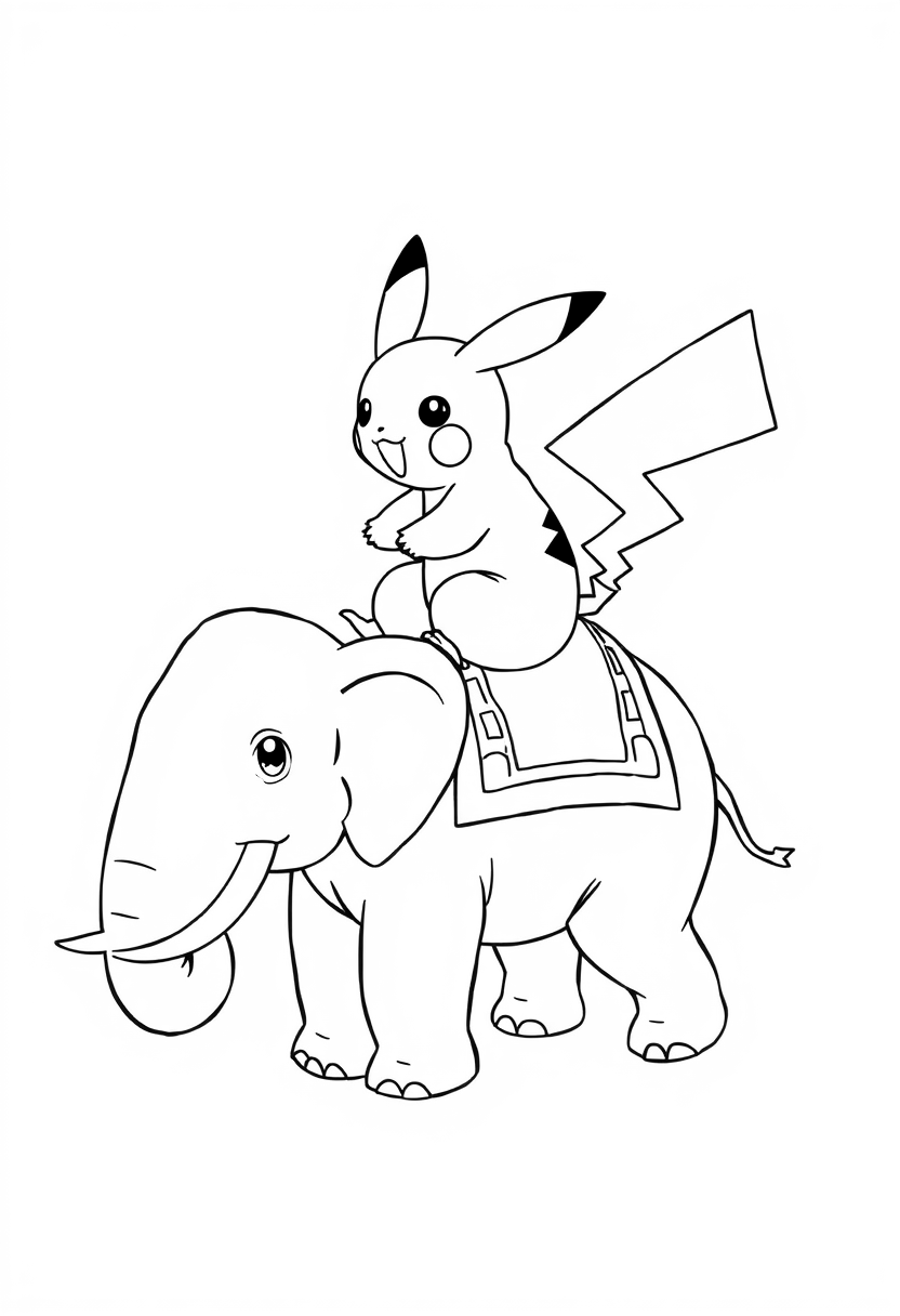 Pikachu riding on an elephant coloring page