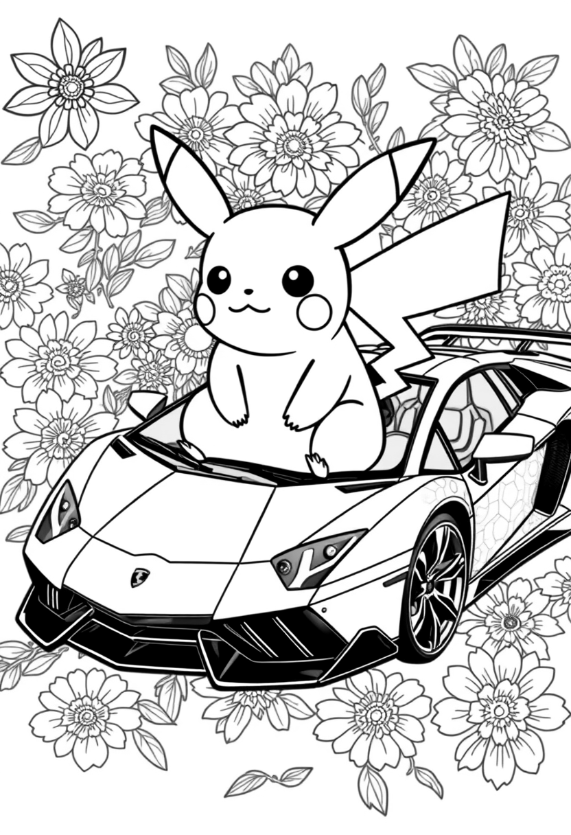 Pikachu sitting on a Lamborghini