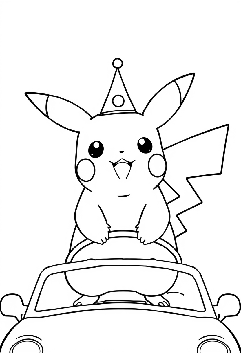 Pikachu wearing birthday crown standing on car