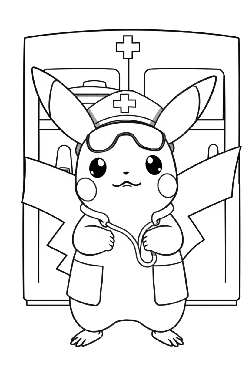 Pikachu wearing doctor costume coloring page