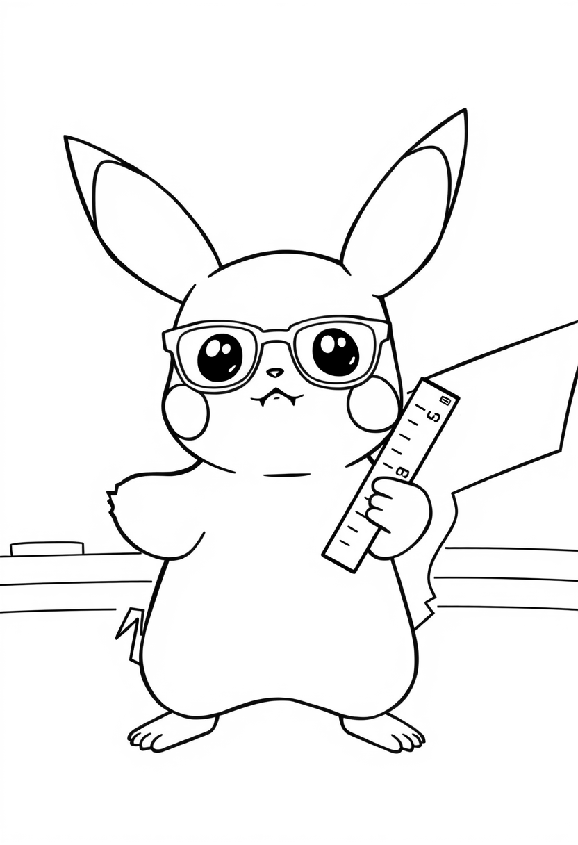 Pikachu wearing glasses and holding a ruler coloring page