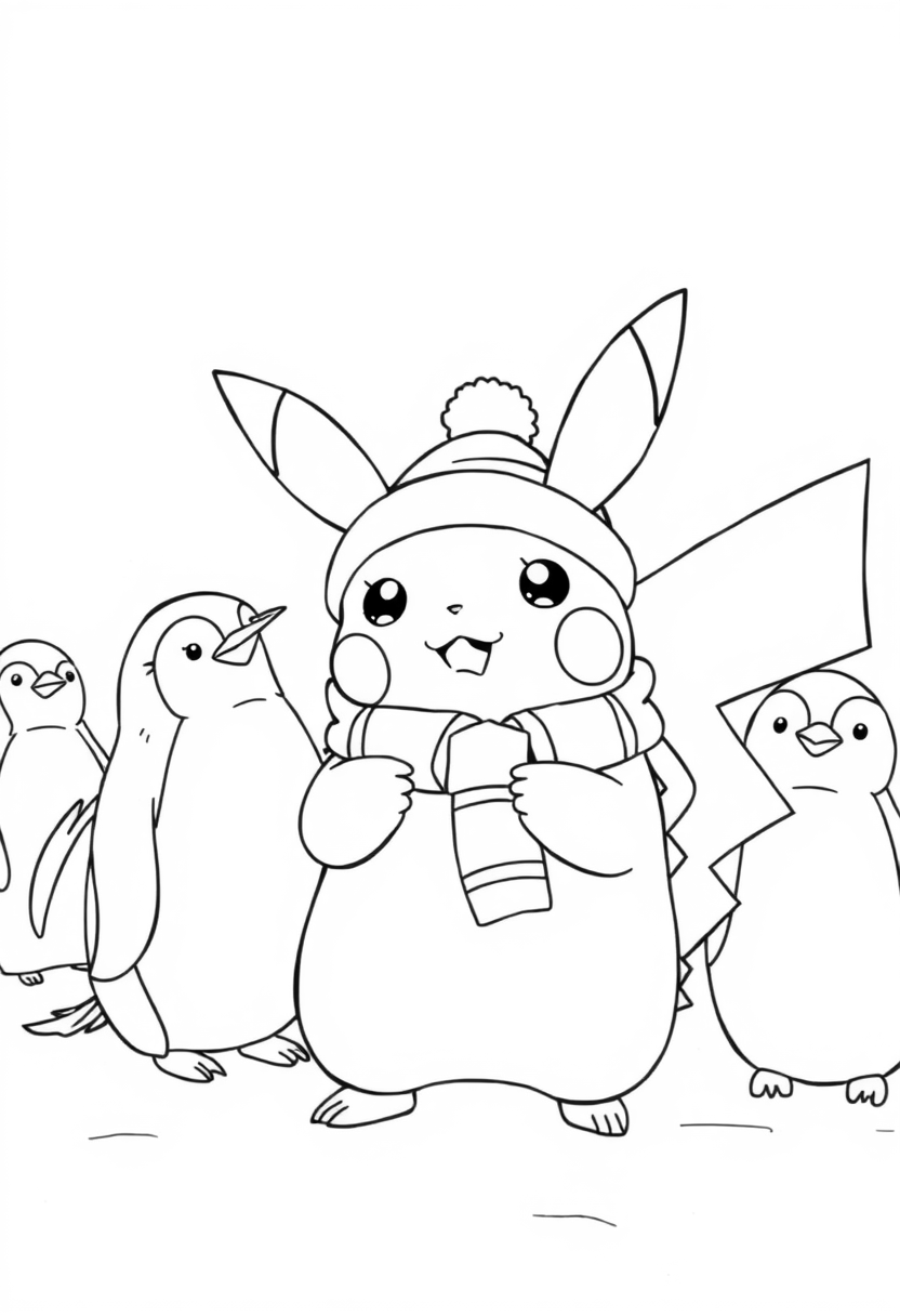 Pikachu wearing winter clothes playing with penguins coloring page