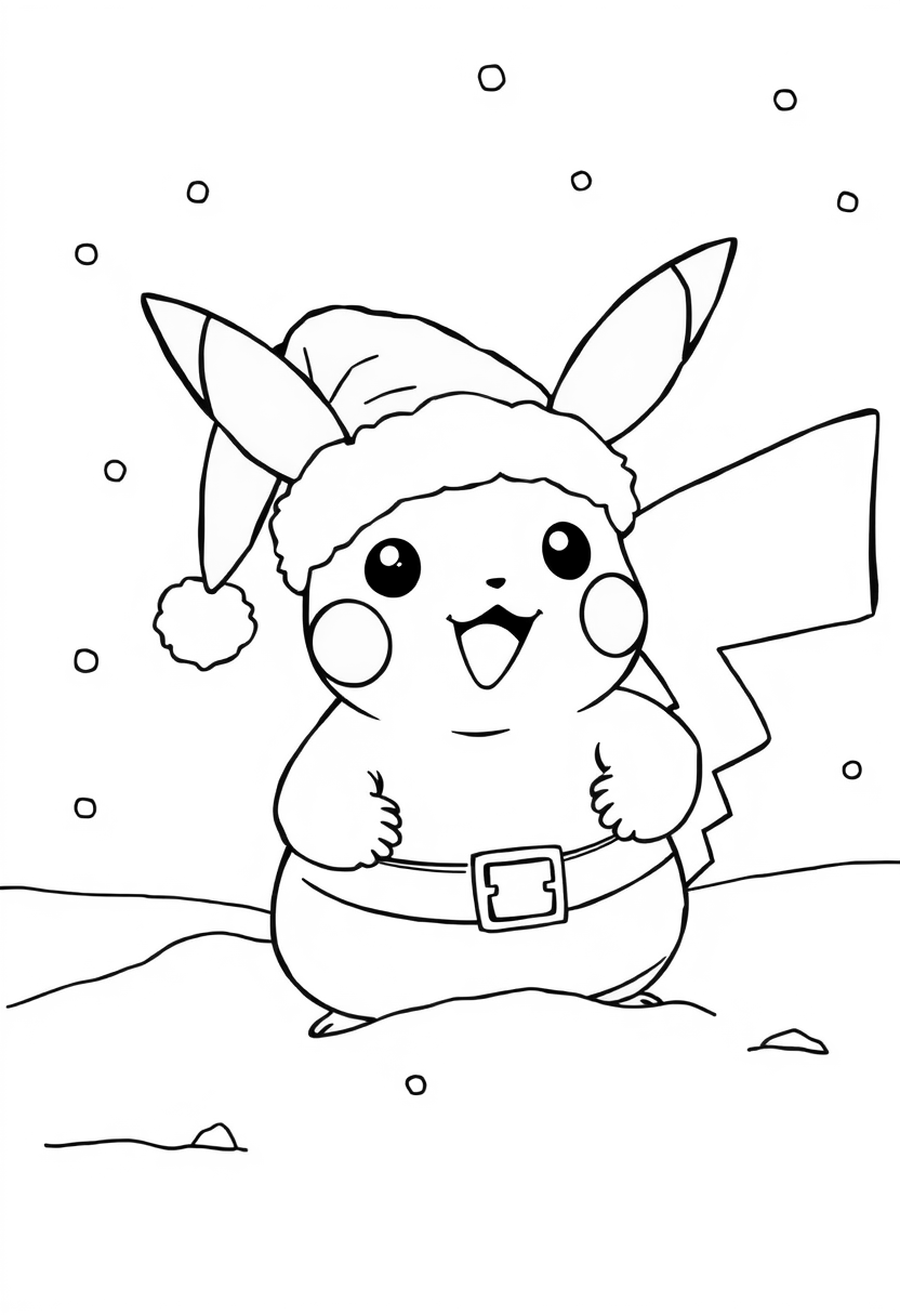 Pikachu wears Santa Claus costume on snowy day