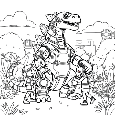 Friendly robot Godzilla with kids