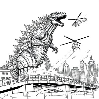 Godzilla fights against helicopter