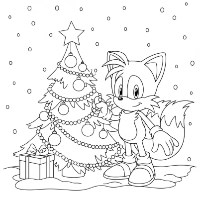 Tails decorating Christmas tree with ornaments