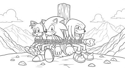 Sonic, Tails, Knuckles chained on mountain field