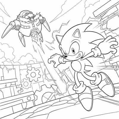 Sonic dodging Eggman in cartoon battle scene