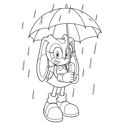 Cream holding an umbrella, smiling in the rain