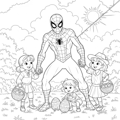 Spider-Man collecting Easter eggs with kids
