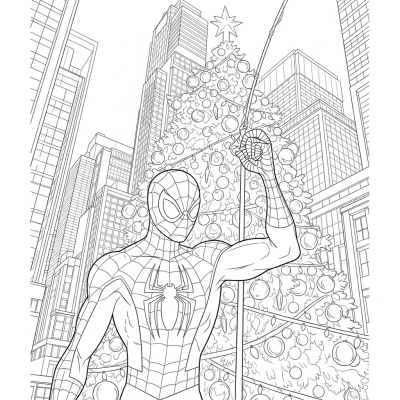 Spider-man standing in front of Christmas tree