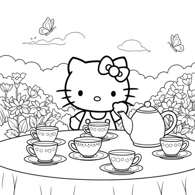 Hello Kitty sitting at a tea party table
