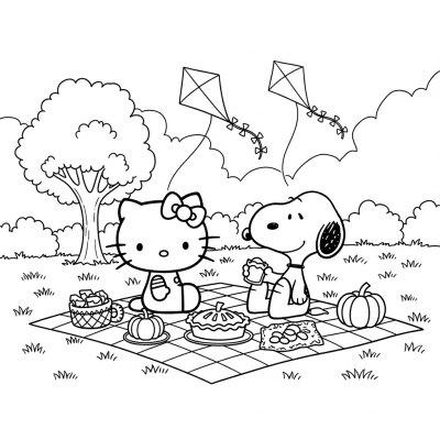 Hello Kitty and Snoopy enjoying a fall picnic