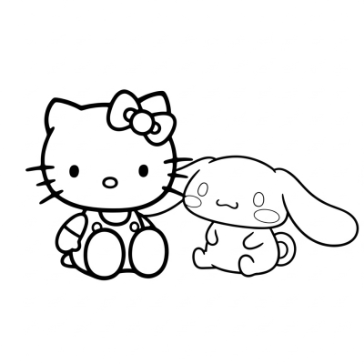 Hello kitty sitting with Cinnamoroll