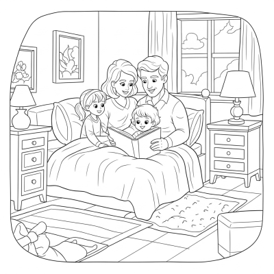 Parents reading bedtime story to kids
