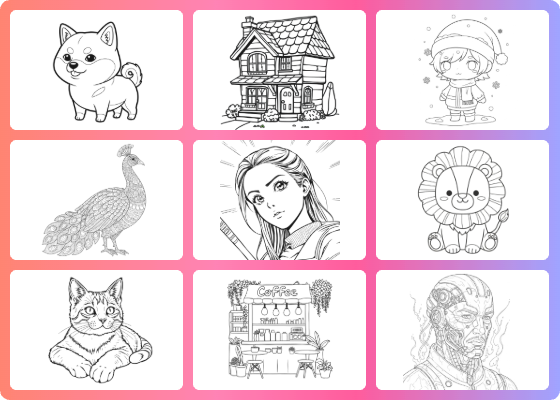 Illustration of AI-generated coloring pages in various styles