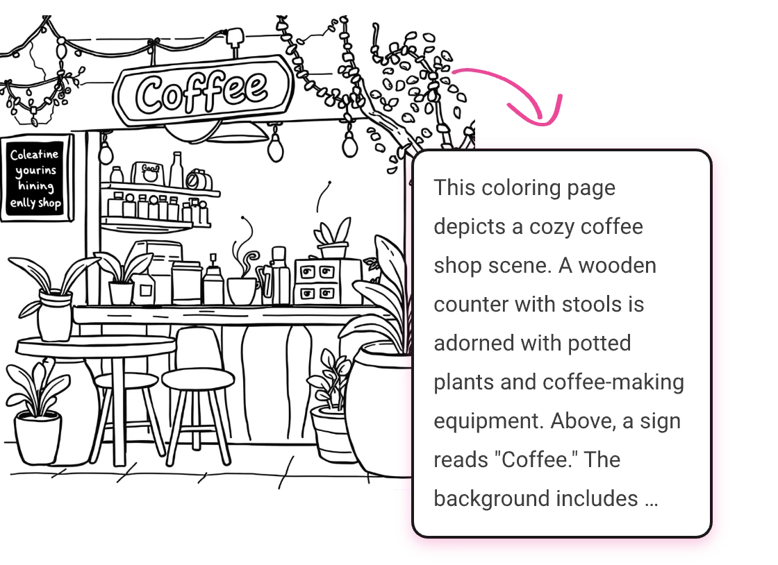 IA gerou um prompt a partir de uma página de colorir de cafeteria
